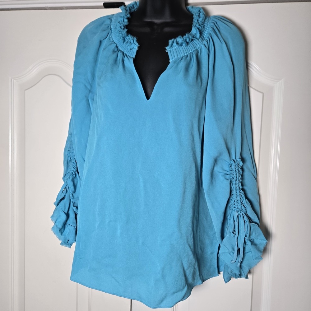 Kobi Halperin Shirt 100% Silk‎ Blouse Top Teal Blue v-neck Ruffled Size Sz Small